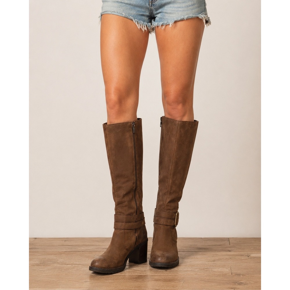 Born Brown Leather Tall Knee High Boots Block Heel Buckle Detail Womens size 7